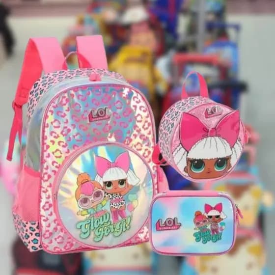 Kit Mochila Escolar LOL Surprise Luxcel Com Rodinhas Lancheira E Estojo Rosa Infantil Volta Às Aulas