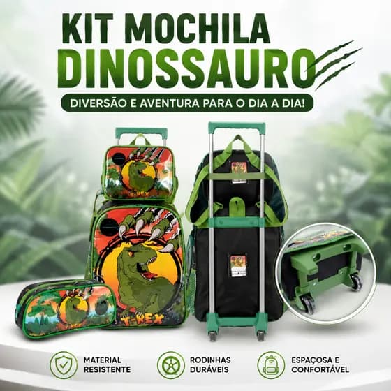 Mochila Escolar Infantil T-Rex Rodinhas Luxcel + Lancheira Térmica e Estojo Menino Top