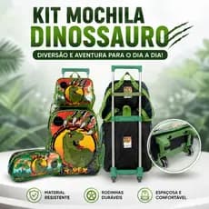 Mochila Escolar Infantil T-Rex Rodinhas Luxcel + Lancheira Térmica e Estojo Menino Top