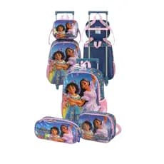 Kit Mochila Escolar Encanto Disney Rosa Luxcel com Rodinhas + Lancheira Térmica e Estojo Infantil
