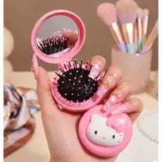 Mini Escova Dobrável com Espelho Portatil Mirror Anime Hello Kitty Kawaii