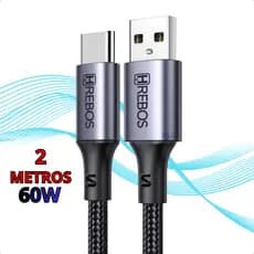 Cabo USB x Tipo-C Turbo 60W - 2 Metros Celular Notebook Carregador e Transferência de Dados Macho