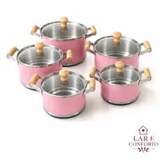 Jogo de Panelas Caçarola Aluminio tampa de vidro leve Rosa Bebê Beleza e Durabilidade premium (5 Peças da 14 a 22cm)