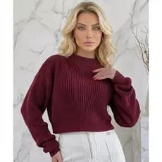 Blusa Cropped Tricô Fang Manga Longa Estilosa Inverno Caimento Comfy