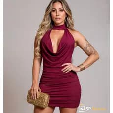 Vestido Drapeado Costas Nua Decote Franzido Gola Alta Amarração