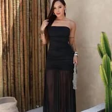 Vestido Longo Drapeado em Tule Transparente – Luxo, Caimento Perfeito e Sensualidade Elegante