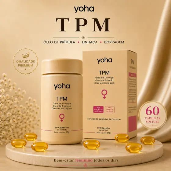 TPM Yoha 60 Cápsulas Softgel Óleo Prímula Linhaça Borragem Equilíbrio Feminino Bem Estar Mulher Sem Açúcar e Glúten