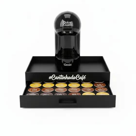 Bandeja de Cápsulas Dolce Gusto Preta Suporte de Xícaras Gaveta 24 Cantinho do Café Letreiro