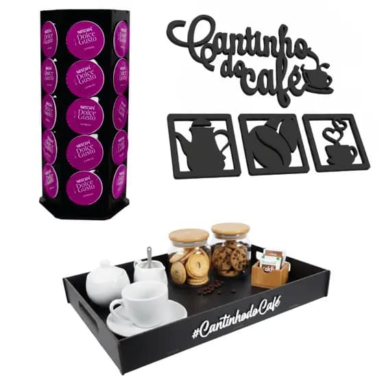 Porta Cápsulas Dolce Gusto Giratório Bandeja Preta Grande Grande Placa Cantinho do Café 4 Peças DG