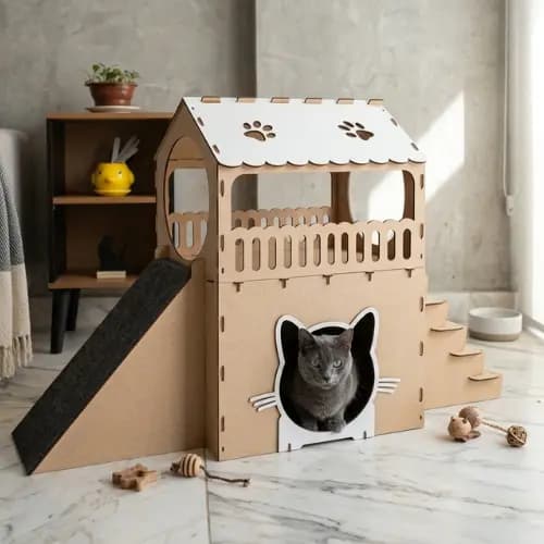 Casinha para Gatos 2 Andares MDF com Arranhador e Rampa Carpete– Toca Playground Antiestresse