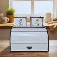 Porta Pão De Mesa E Kit 2 Caixa de Chá Organizador Cozinha Luxo Pães Biscoitos e Bolo