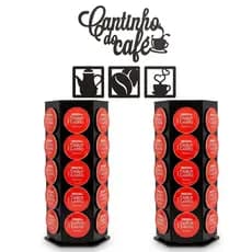 Kit Cantinho Cafe 2 Suporte Giratório 60 Capsulas Dolce Gusto MDF Plaquinha Decorativa