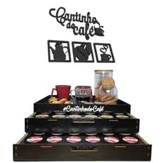 Bandeja Três Corações 48 Cápsulas Placa Cantinho do Café Organizador Suporte de Xícaras Preto