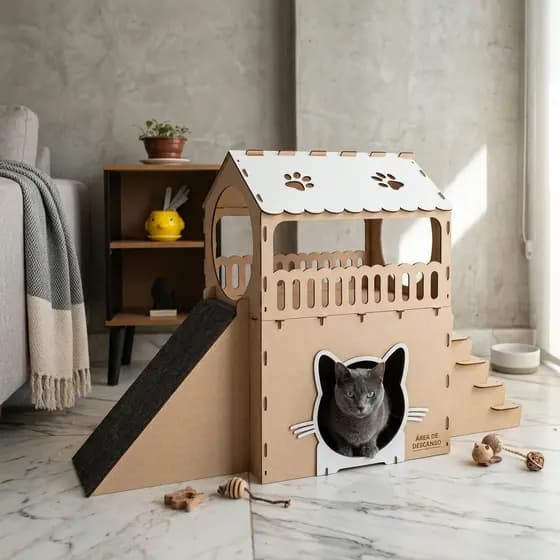 Casinha Playground Para Gatos Em MDF Com Escada e Rampa Toca Cama Pet Premium
