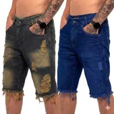 Kit 2 Bermuda Jeans Masculina Bermudas Jeans Masculinas Destroyed Premium Rasgada Desfiada Casual Confortável Azul Preto