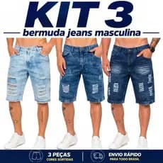 Kit 3 Bermudas Jeans Masculinas Destroyed Rasgada Premium Casual Confortável Azul Claro Médio Escuro 38 40 42 44 46 48