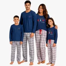 Pijama Família Xadrez Inverno Manga e Calça Comprida Malha Leve e Confortável