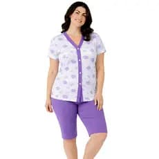 Pijama Feminino Com Botões Manga Curta Senhora Pescador Bermuda Dia a Dia