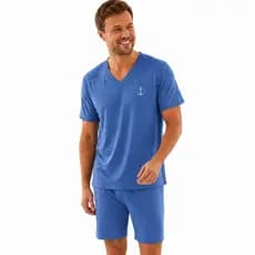 Pijama Liso Curto Masculino Verão Short e Camisa Meia Manga Pijama de Homem Fresquinho