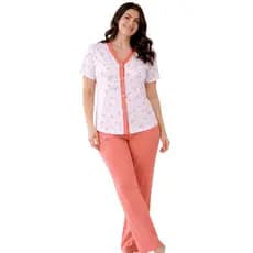 Pijama Feminino Aberto na Frente Americano Manga Curta e Calça Longa Confortável