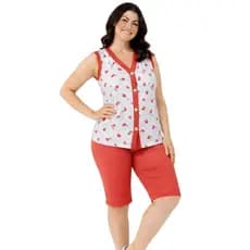 Pijama Feminino Pescador Senhora Idosa Regata Verão Com Botões Bermuda Conforto