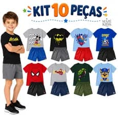 Kit 5 Conjuntos Infantil - 10 Peças De Roupas Menino 5 Camisetas Algodão + 5 Shorts Tactel Verão