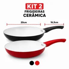 Kit 2 Frigideiras Cerâmica 20cm Vermelha e Preta Antiaderente Revestimento Cerâmico