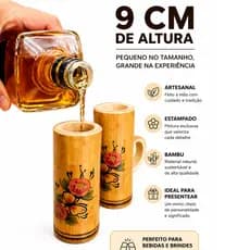 Kit Artesanal Copo + Caneca de Dose 9cm Bambu Floral Ideal Para Bar, Drinks e Presentes