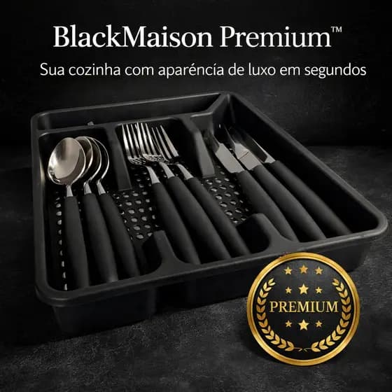 Conjunto de Talheres 17 Peças Preto Inox com Organizador BlackMaison Premium Cozinha Moderna Luxo