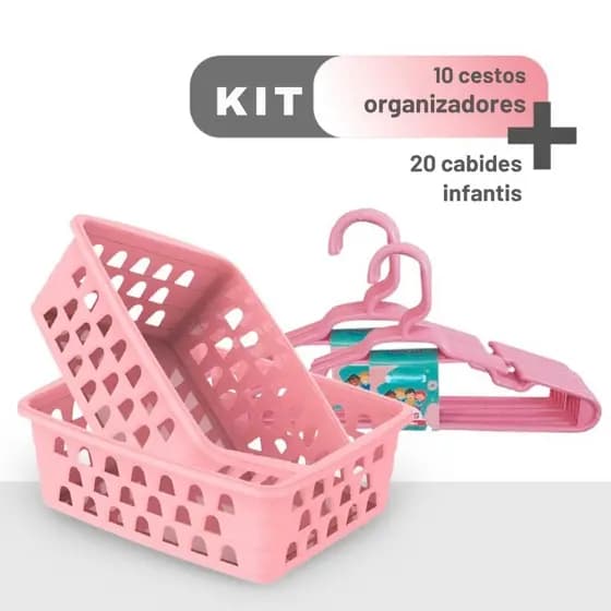 Kit 20 Cabides Infantis + 10 Cestos Organizadores Rosa para Guarda-Roupa