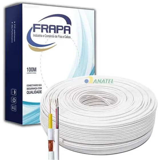 Cabo Coaxial 4mm Rígido 80% Malha + Bipolar 26 AWG CCA 50m Instalação TV Antena e CFTV Sinal Digital