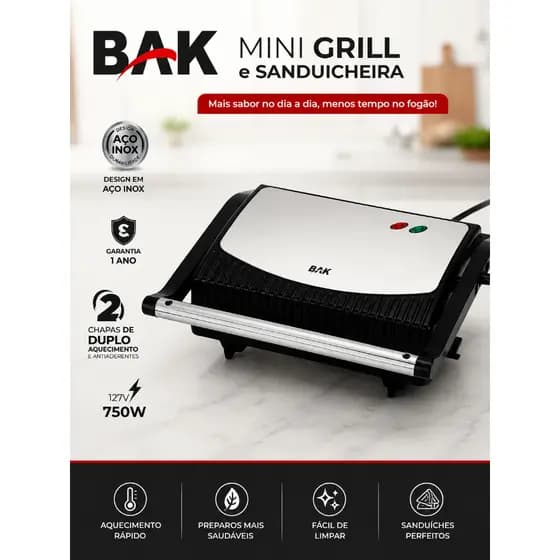 BAK Mini Grill e Sanduicheira Elétrica 750W Aço Inox Antiaderente Preto BK-GRL750-110