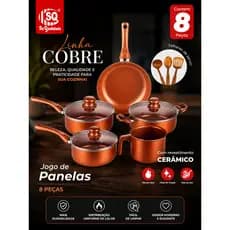 Jogo de Panelas 8 Peças Revestimento Cerâmico Cobre Tampas de Vidro Linha Cobre SQ