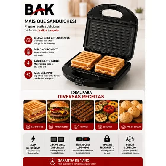 BAK Sanduicheira Elétrica 750W Chapas Grill Antiaderentes Preta BK-SAND750-110 127V