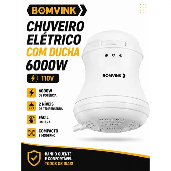 BOMVINK Chuveiro Elétrico com Ducha 6000W 110V 2 Temperaturas Fácil Instalação BOM-2485
