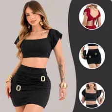 Saia Curta Feminina Fivela Dourada E Cropped Moda Gringa