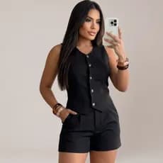Short E Colete Feminino Alfaiataria Social Elegante