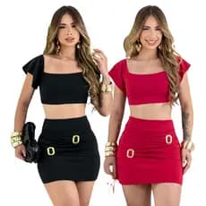 Kit 2 Blusas Cropped Feminino E Mini Saia Suplex Fivela Dourada