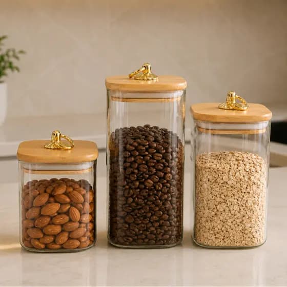 Conjunto 3 Potes Vidro Transparente Tampa Bambu Puxador Argola Quadrado Porta Mantimentos Hermético Cozinha