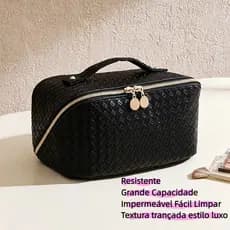 Bolsa Organizadora de Maquiagem Feminina Necessaire Couro Sintético Trançado Viagem Alça Mão Grande Espaço Impermeável