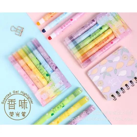 Kit 6 Caneta Marca Texto em Gel Aromatizada Antiborrão 6 Cores Fluorescentes Sólida Bastão Retrátil Ideal Para Bíblia