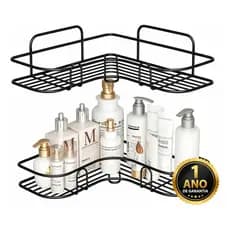 Kit 2 Porta Shampoo Sabonete Suporte de Canto Parede Banheiro Cozinha Prateleira Sem Furar Multifuncional PretO