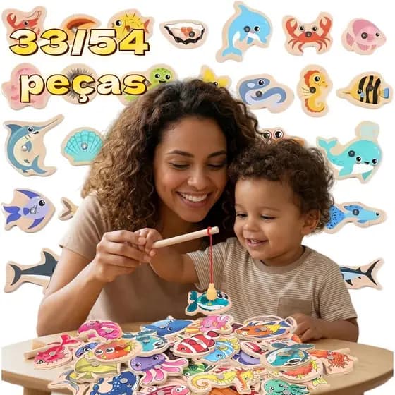 33/54 Pçs Jogo De Pesca Magnética De Madeira Brinquedo Montessori Para Crianças Com Peixes Dos Desenhos Animados