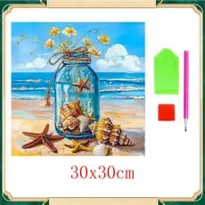 Kit de pintura com diamantes DIY: Praia numa garrafa, pintura decorativa 30 x 30 cm
