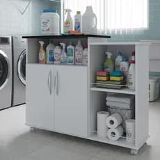 QUEIMA DE ESTOQUE - Balcão Funcional para Lavanderia com 2 Portas, Prateleiras e Rodinhas