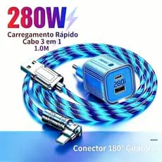 Cabo de Dados Iluminado Rotativo 280W 6A Carregador Tipo C Micro V8 USB A Carregamento Rápido