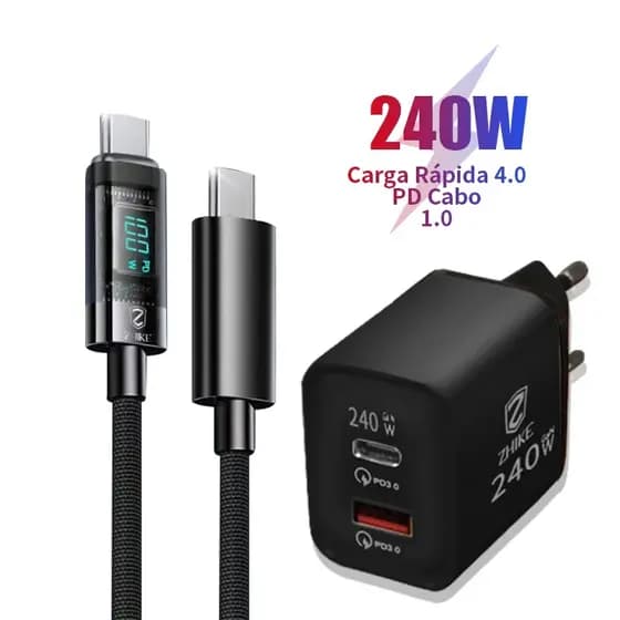 Cabo de Carregamento Rapido 1 Metro 280W 6A Indicador LED Fio de Nylon Tecido Compativel com Type C e Micro USB