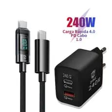 Cabo de Carregamento Rapido 1 Metro 280W 6A Indicador LED Fio de Nylon Tecido Compativel com Type C e Micro USB