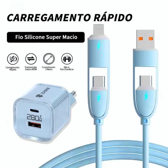Carregador 280W  Cabo 4Em1 Silicone Roma 6A& Tipo C ip Micro USB V8 Carregamento Rápido