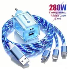Cabo de Dados 3 E 1 Luz Fluida 280W Carregamento Rápido Tipo C USB A Para Micro 1 Metro Carregador